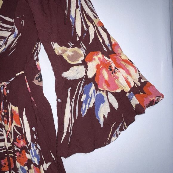 BILLABONG Floral Faux Wrap Mini Dress Flare Sleeve Cutout Back Women’s Size XS - Picture 4 of 16